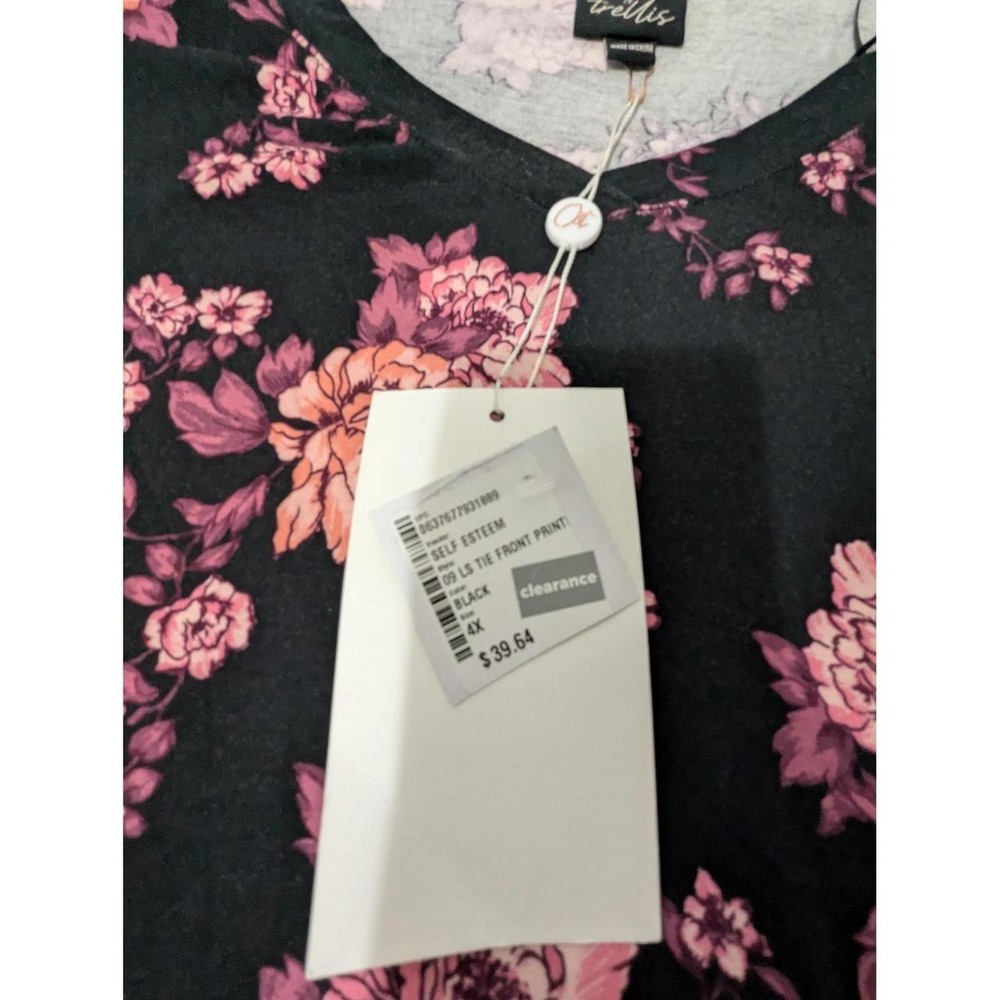 Oak & Trellis Tie Front Top Women 4X Black Floral NWT Long Sleeve V-Neck - Picture 2 of 4